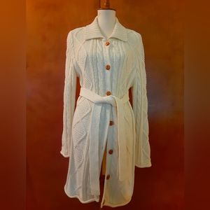 Cozy, cream-colored, long, cable knit, thick, heavy soft fall/winter sweater